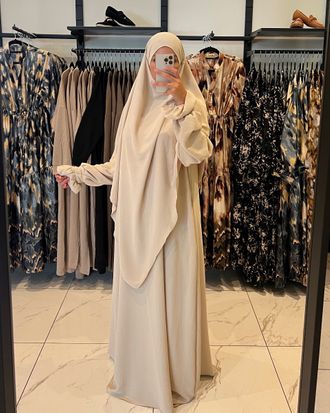 Abaya-khimaar set volant mouw beige-beige-one size