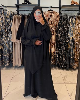Abaya-khimaar set volant mouw zwart-zwart-one size
